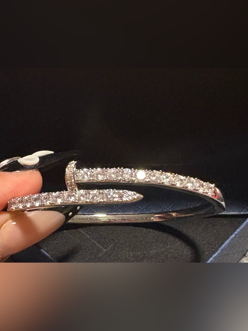 Sparkling Crystal Nail Bangle Bracelet and clover earrings in silver tone